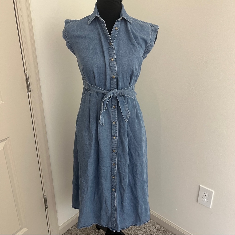 LOFT Chambray Sleeveless Button Front Dres Sz 00 Linen Cottagecore Classic - Picture 3 of 8